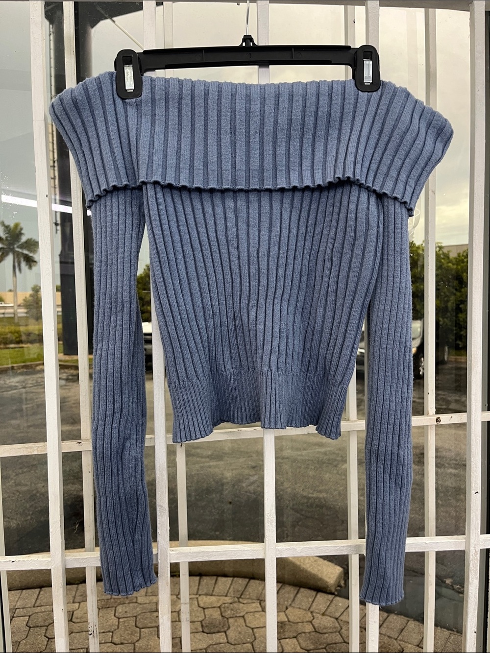 Ribbed Off-Shoulder Sweater - Blue